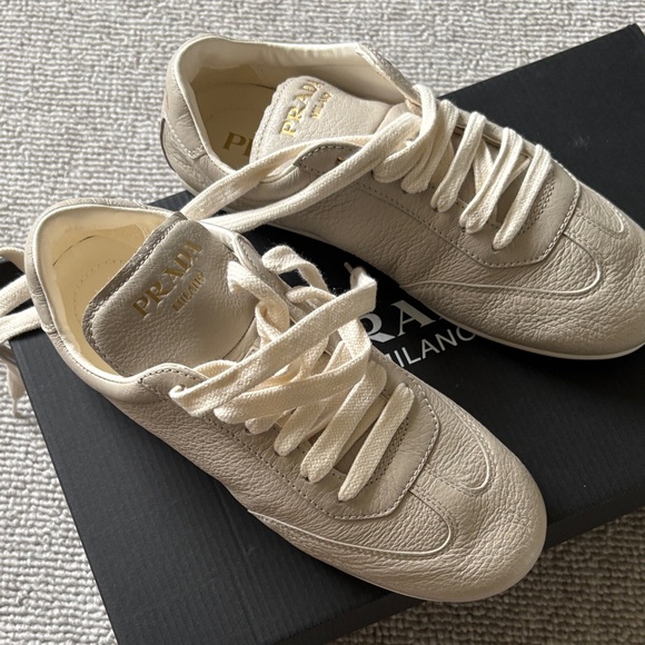 Prada Shoes - Prada Cream Leather Lace-Up Sneakers